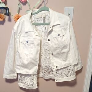 NWT Chico's Travelers Collection white denim jacket with lace trim details